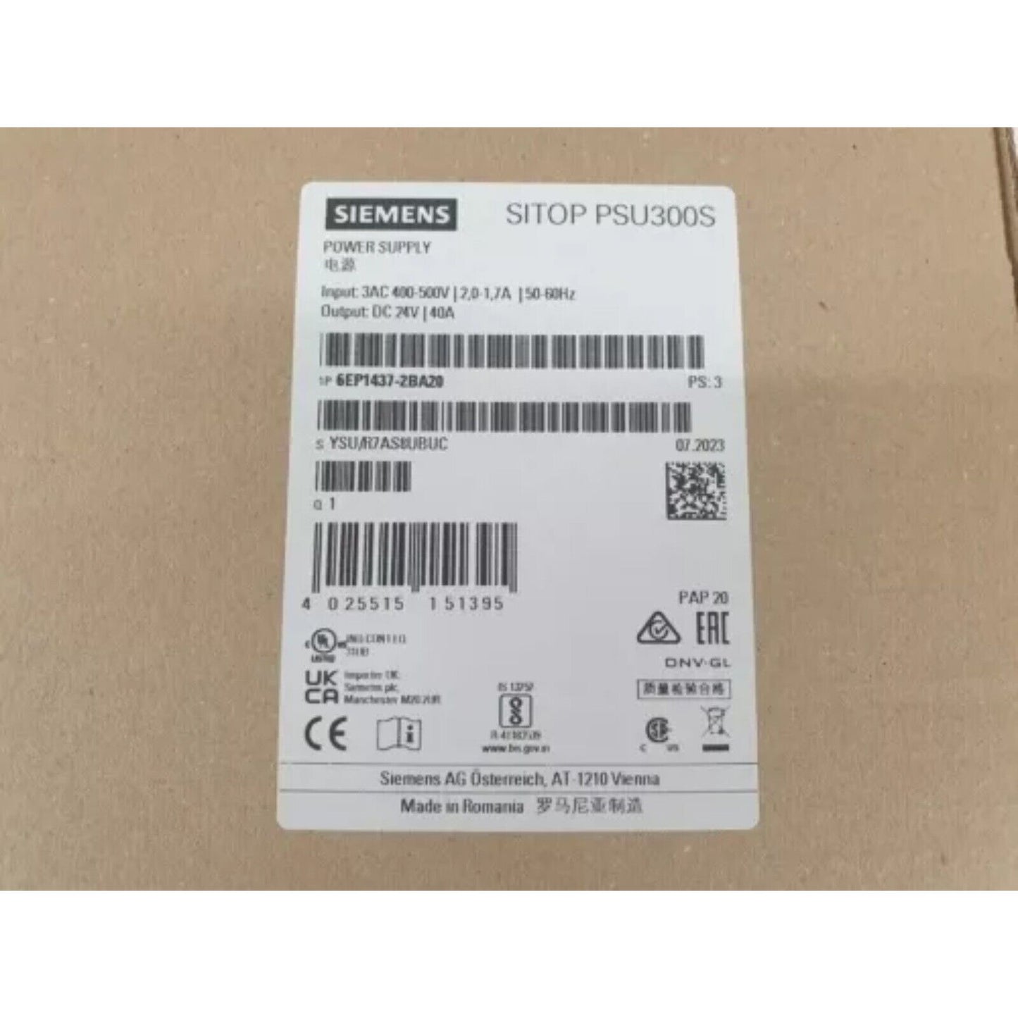 Siemens SITOP PSU300S 40A Power Supply with label details including model 6EP1437-2BA20 and manufacturing information.