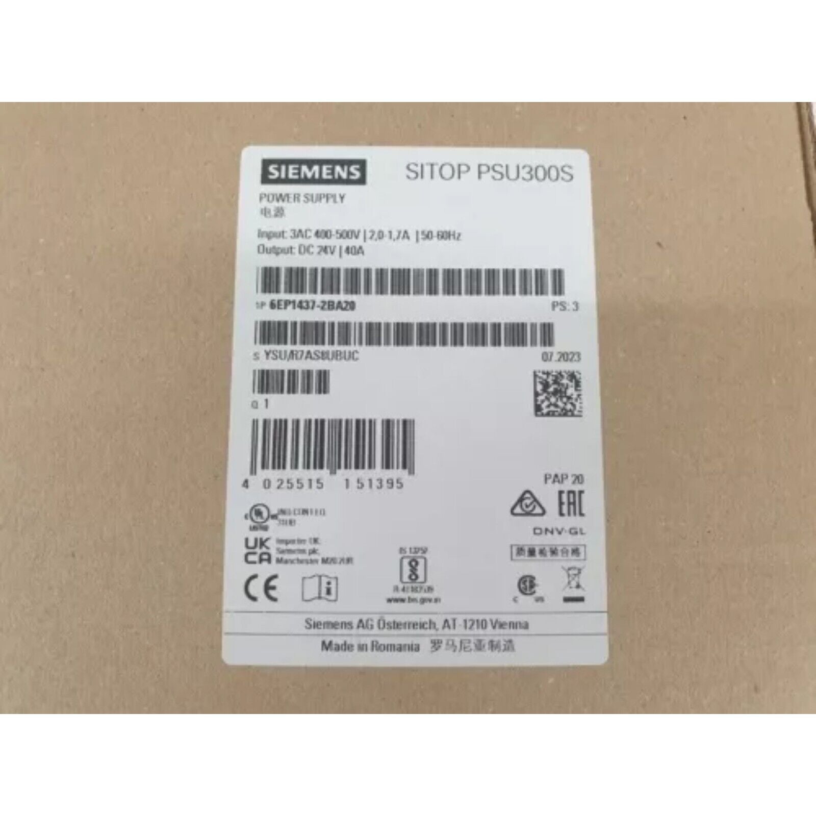 Siemens SITOP PSU300S 40A Power Supply with label details including model 6EP1437-2BA20 and manufacturing information.