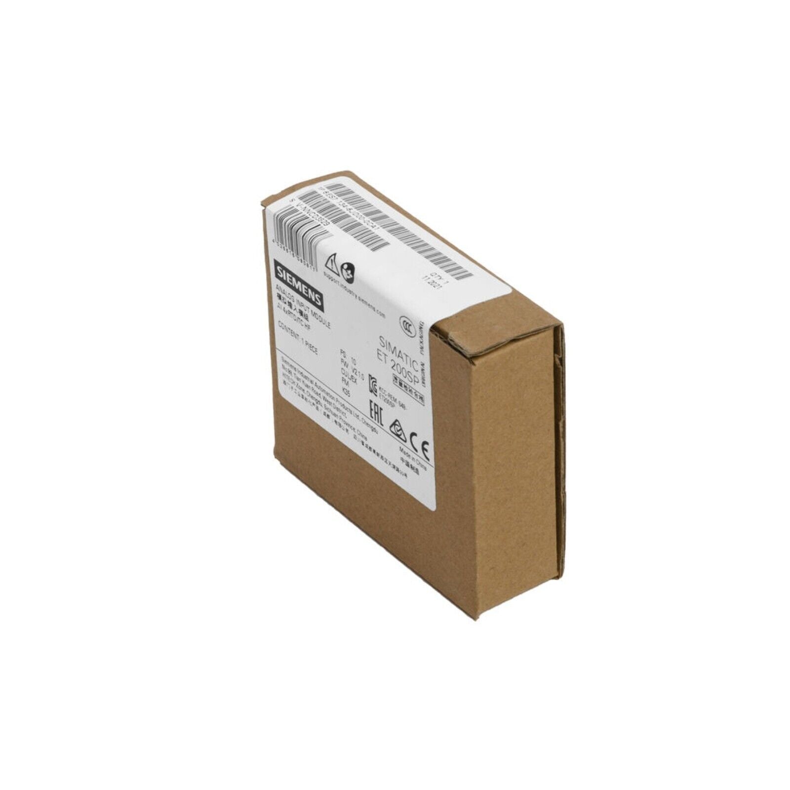 Siemens SIMATIC ET 200SP analog input module packaging box, brown cardboard, product label visible.