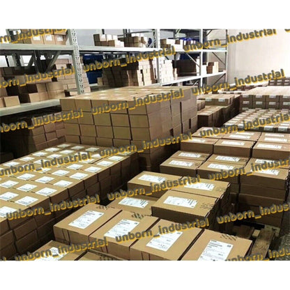 Siemens industrial automation parts in stock, boxes on shelves. High inventory.