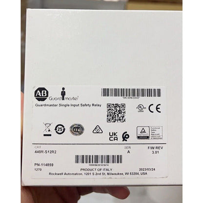 Allen-Bradley Guardmaster 440R-S12R2 safety relay product label, manufactured in Italy, safety relay