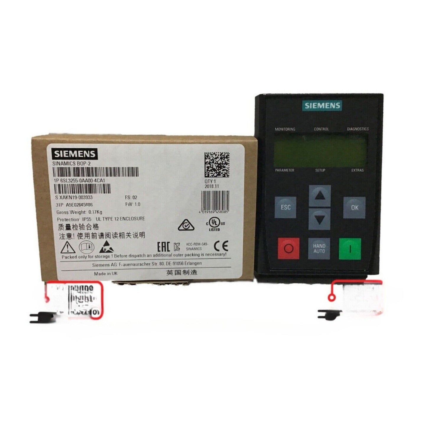 Siemens SINAMICS BOP-2 Control Unit 6SL3255-0AA00-4CA1. Industrial automation device with display for G120 series.