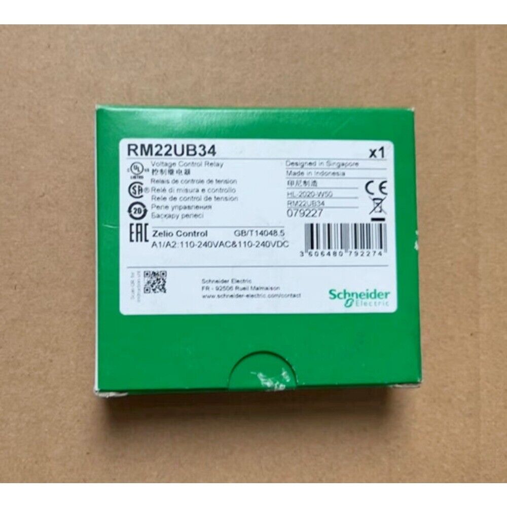 Schneider RM22UB34 control relay on green packaging, Zelio Control, 110-240VAC/DC.