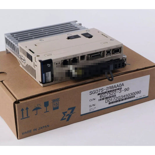 Yaskawa SGD7S-2R8AA0A Servo Drive, industrial automation part, new condition, placed on a cardboard box, Made in Japan