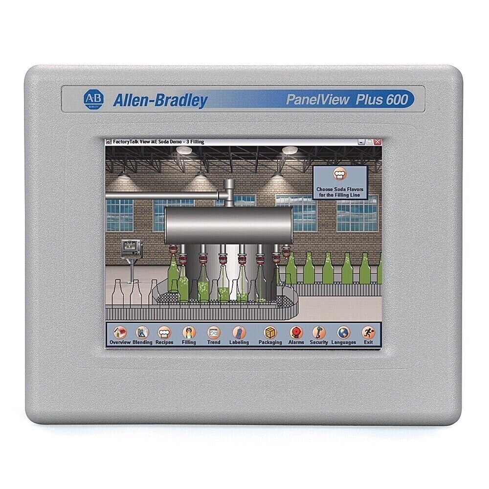 Allen-Bradley PanelView Plus 600 HMI touchscreen, showcasing a soda filling demo interface.