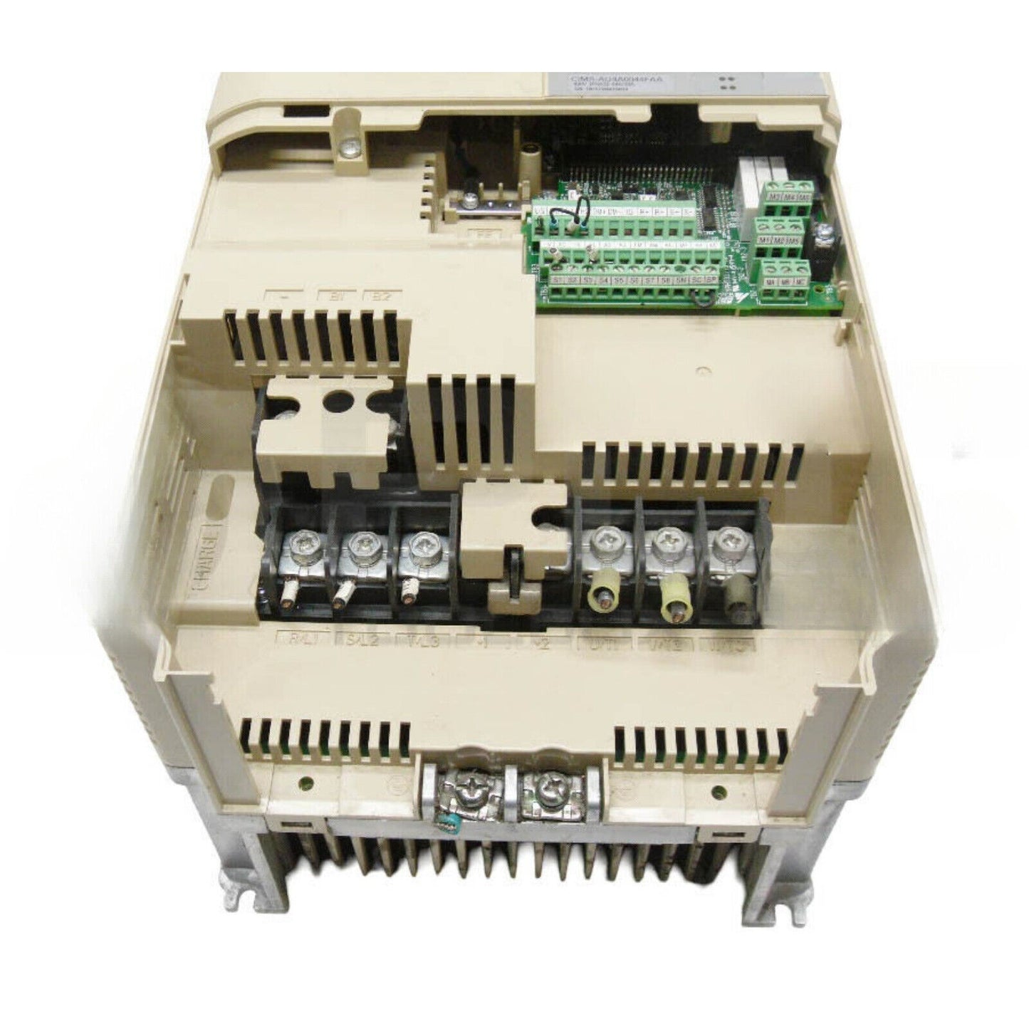 YASKAWA CIMR-AU4A0044FAA AC Drive - Beige housing with internal components and terminals visible.