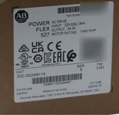Allen-Bradley PowerFlex 527 AC Drive, 25C-D024N114, product label showing specifications and certifications