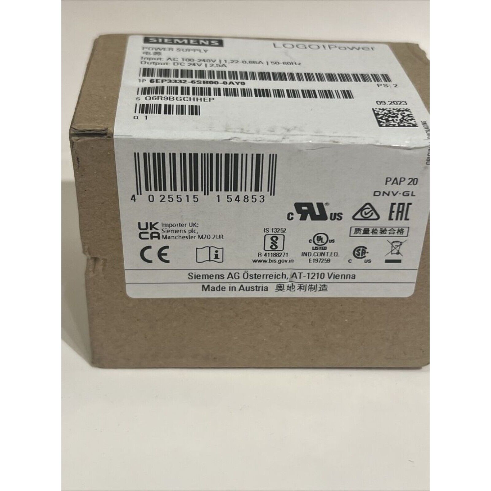 Siemens LOGO!Power stabilized power supply 6EP3332-6SB00-0AY0 in box, industrial automation part.