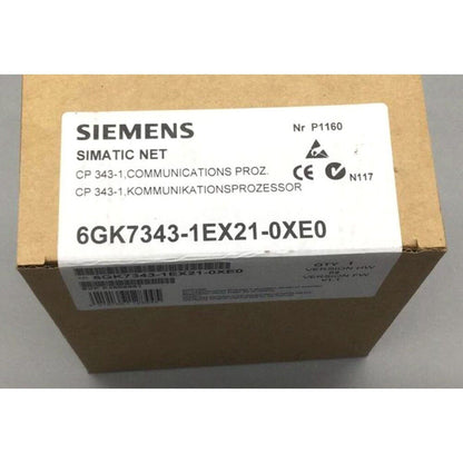 Siemens SIMATIC NET CP 343-1 communications processor product packaging, angled view. Model number 6GK7343-1EX21-0XE0