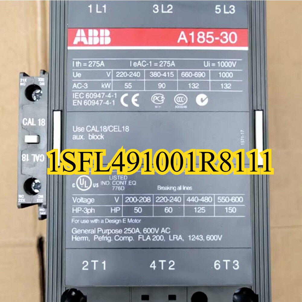 ABB A185-30 AC Contactor with specifications, 24V 110V 220-230V voltage options, industrial automation part, 1SFL491001R811-1