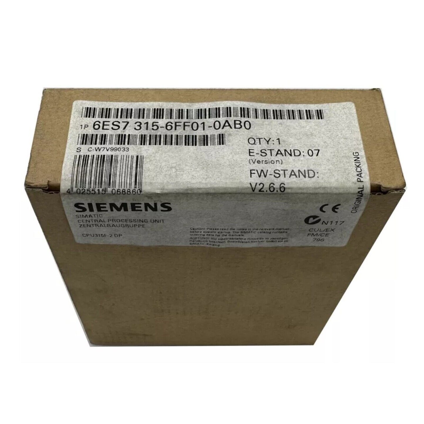 Siemens SIMATIC S7-300 CPU 315F PLC module in original packaging, model 6ES7 315-6FF01-0AB0, industrial automation part.
