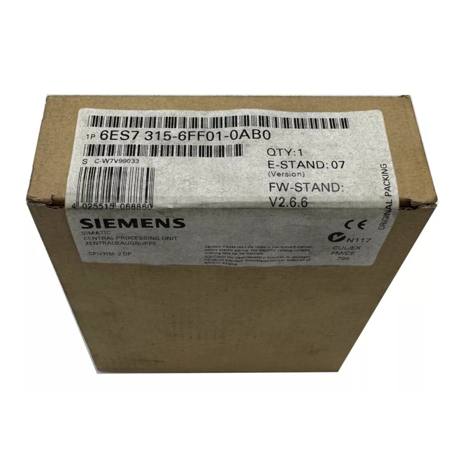 Siemens SIMATIC S7-300 CPU 315F PLC module in original packaging, model 6ES7 315-6FF01-0AB0, industrial automation part.