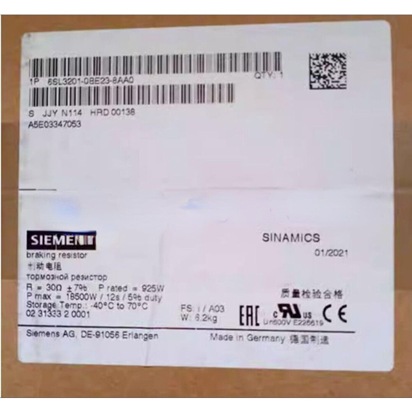 Siemens SINAMICS 6SL3201-0BE23-8AA0 braking resistor label, industrial automation part.