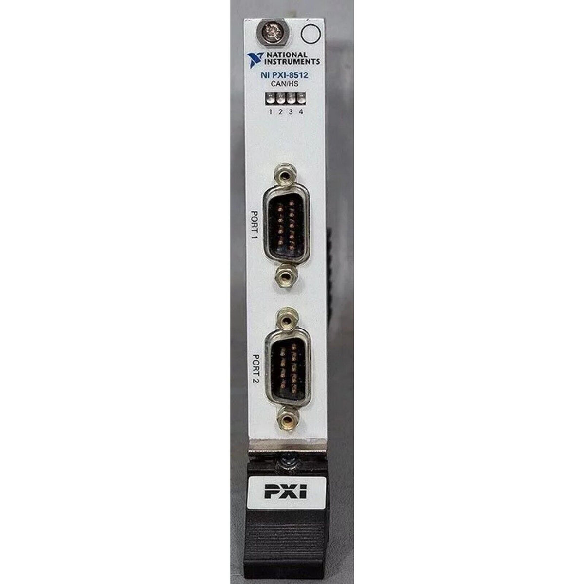 National Instruments PXI-8512 CAN/HS interface module, front view. Featuring ports, connectors, and PXI interface.