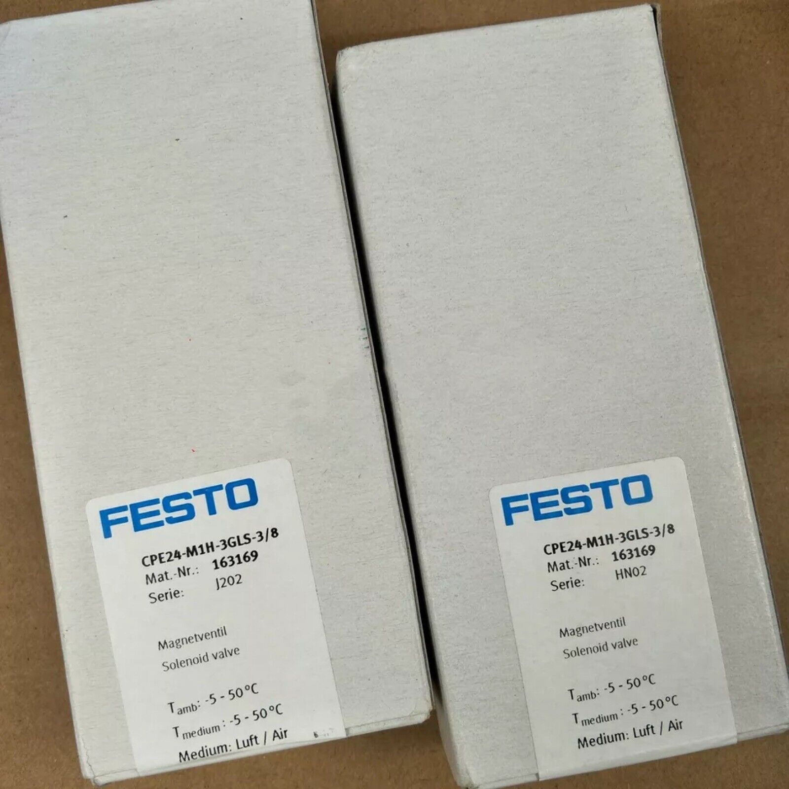 Festo CPE24-M1H-3GLS-3/8 Solenoid Valve in boxes, part number 163169, industrial automation parts.