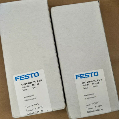 Festo CPE24-M1H-3GLS-3/8 Solenoid Valve in boxes, part number 163169, industrial automation parts.