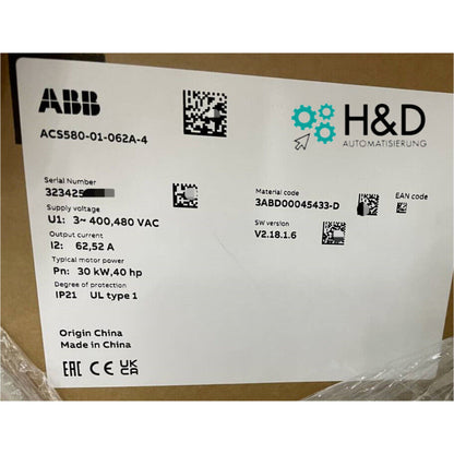 ABB ACS580-01-062A-4 variable frequency drive information, 30kW, IP21, product details label.