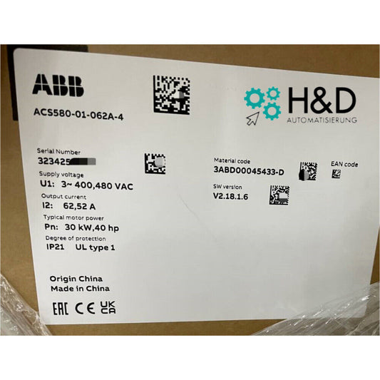 ABB ACS580-01-062A-4 variable frequency drive information, 30kW, IP21, product details label.