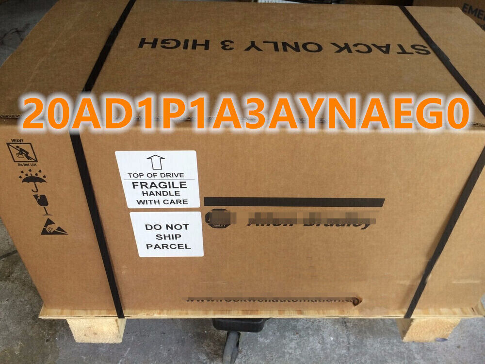 Allen-Bradley PowerFlex 70 drive shipping box, 20AD1P1A3AYNAEGO, fragile, handle with care.