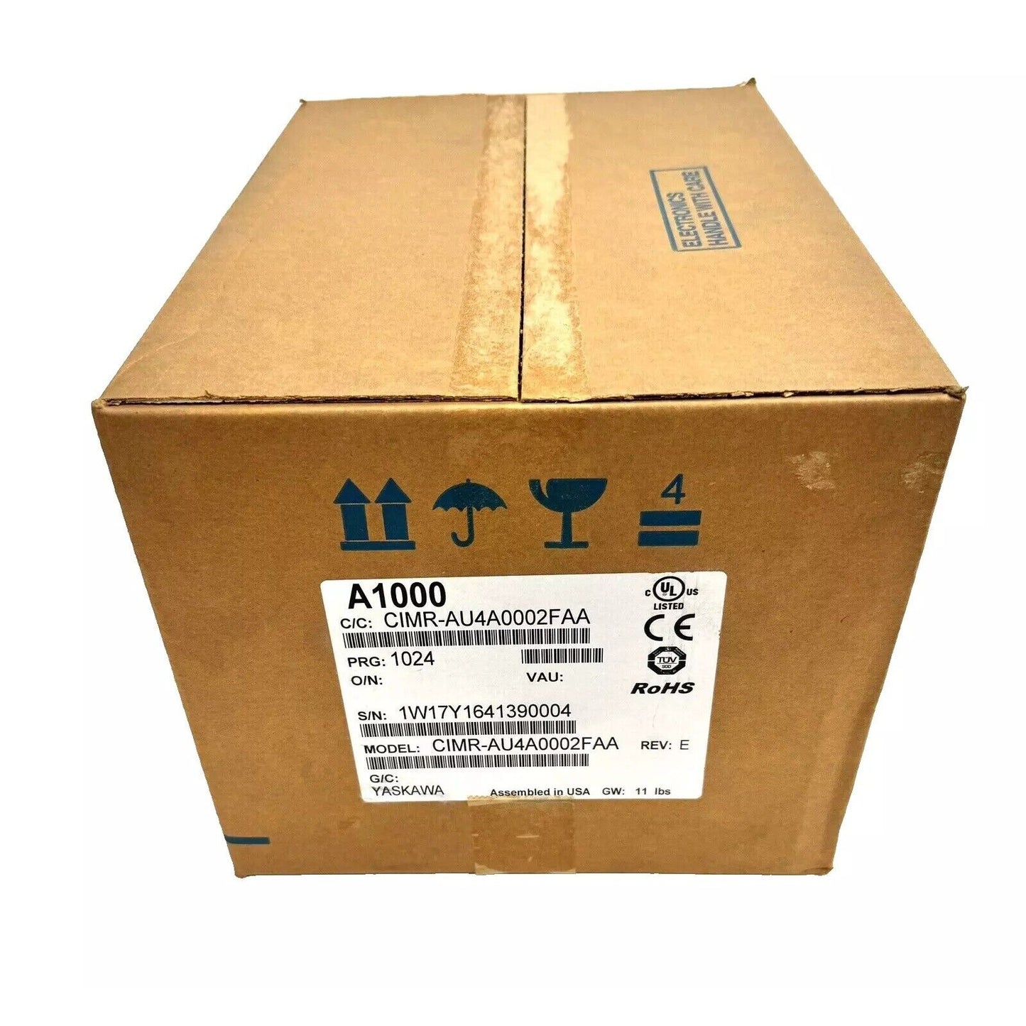 YASKAWA A1000 AC Drive box, model CIMR-AU4A0002FAA, with product labels and shipping symbols.