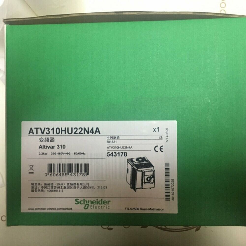 Schneider Electric ATV310HU22N4A variable frequency drive on green box, new in box.