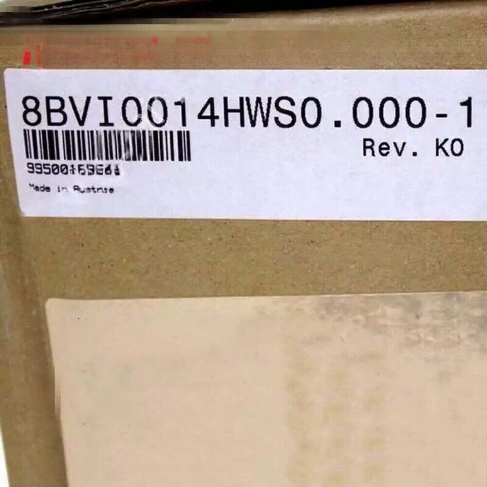 B&R 8BVI0014HWS0.000-1 Servo Drive box label, new sealed in box. Includes barcode and manufacturing information.