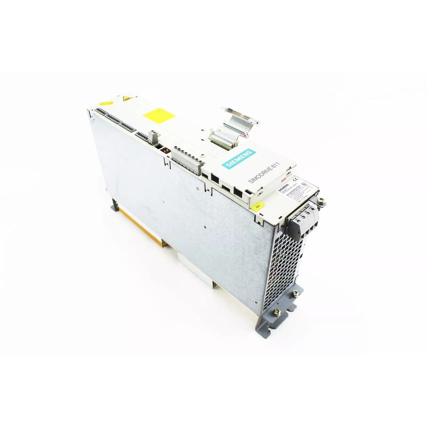 Siemens SIMODRIVE 611 Power Module. Industrial automation component with gray and white casing. SIMODRIVE 611 label.