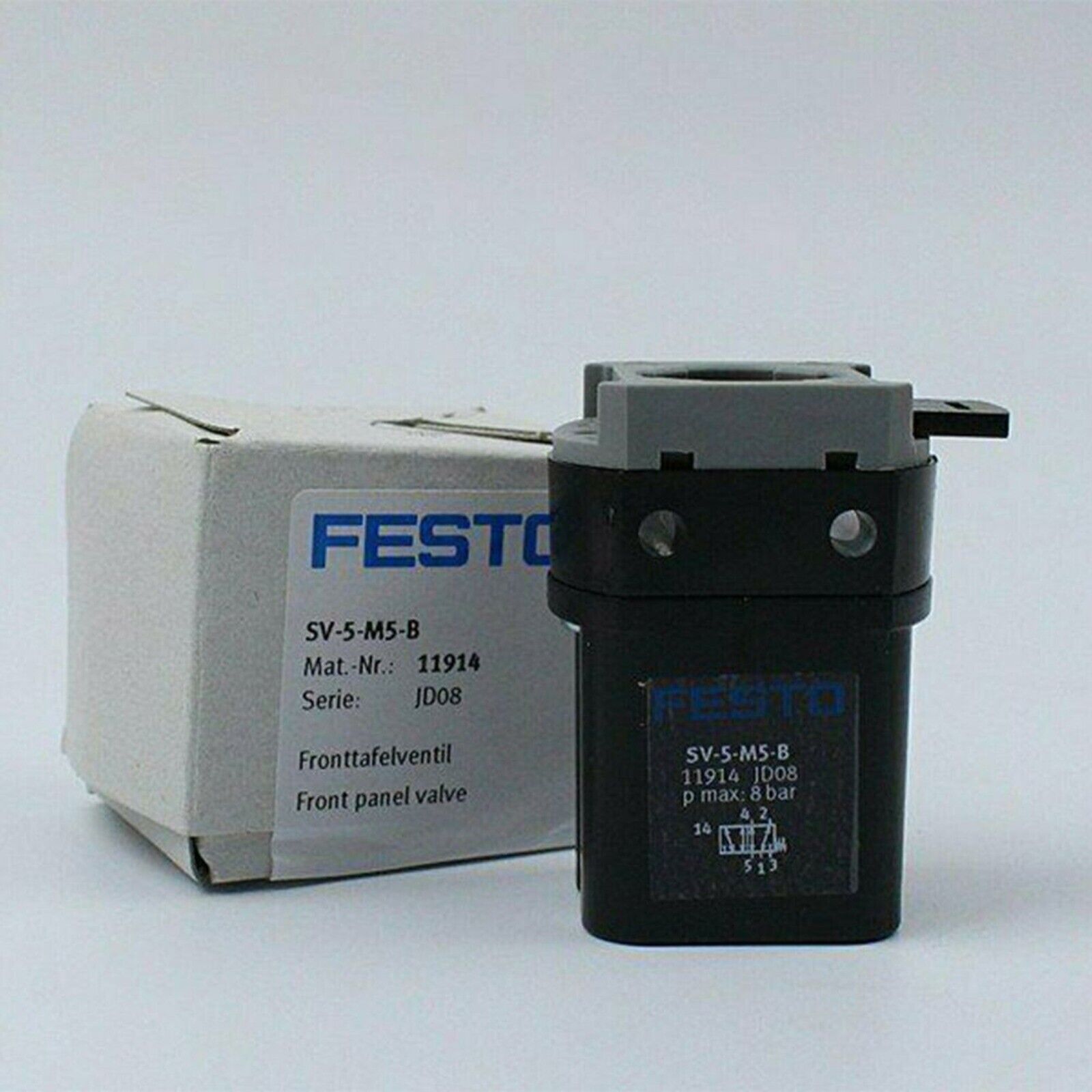 Festo SV-5-M5-B 11914 front panel valve, black and gray valve with packaging.