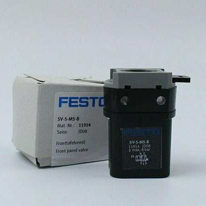Festo SV-5-M5-B 11914 front panel valve, black and gray valve with packaging.