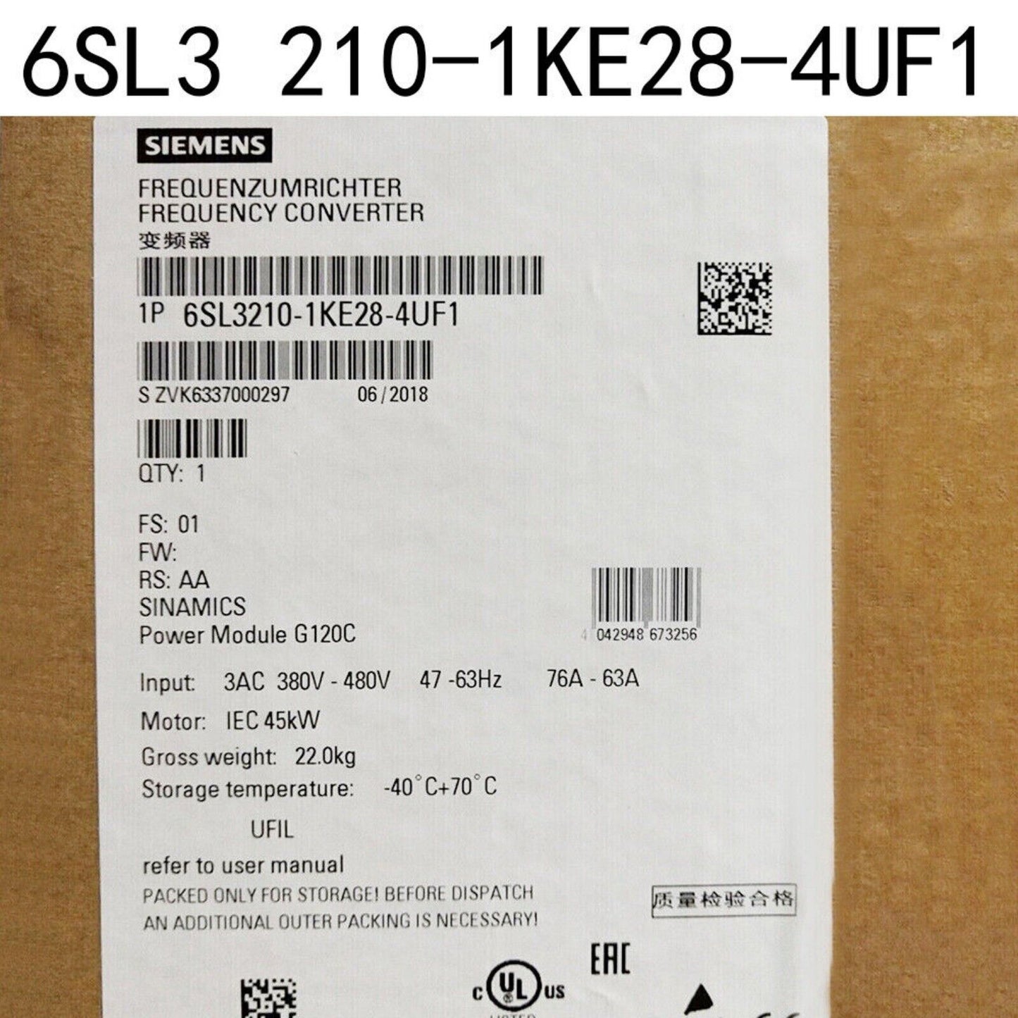 PLC | Siemens | 6SL3 210-1KE28-4UF1 6SL3210-1KE28-4UF1 INAMICS G120C Rated Power