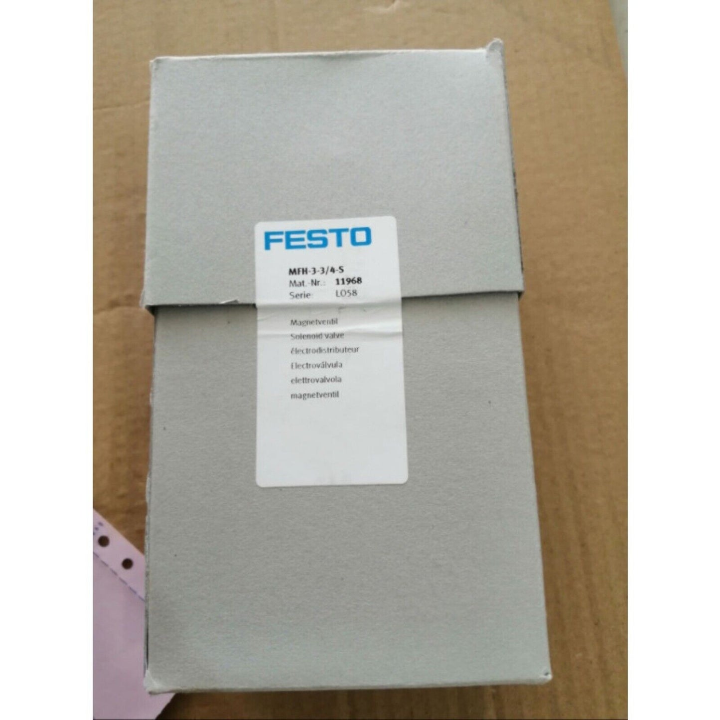 Festo MFH-3-3/4-S Solenoid valve in original packaging, gray box with product details and model number