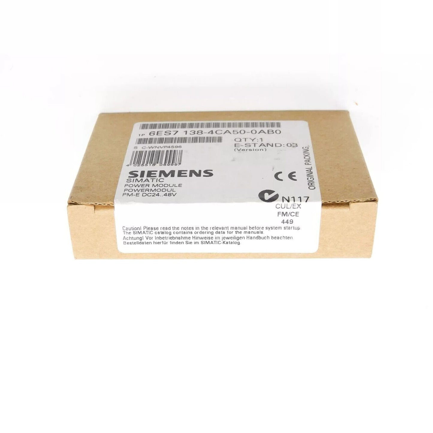 Siemens SIMATIC PM-E Power Module 6ES7 138-4CA50-0AB0, industrial automation part in original packaging.
