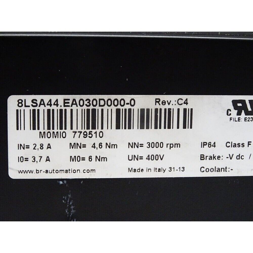 B&R 8LSA44.EA030D000-0 Servo Motor Info Plate, industrial automation part with specs and details.