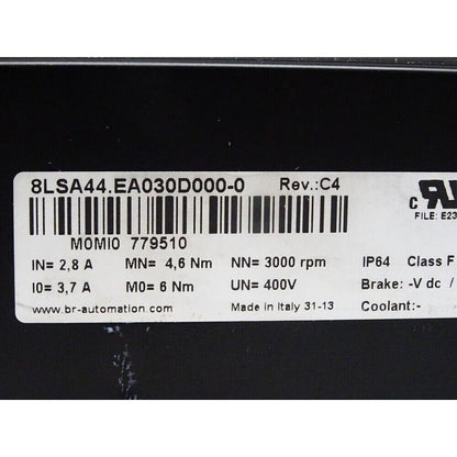 B&R 8LSA44.EA030D000-0 Servo Motor Info Plate, industrial automation part with specs and details.