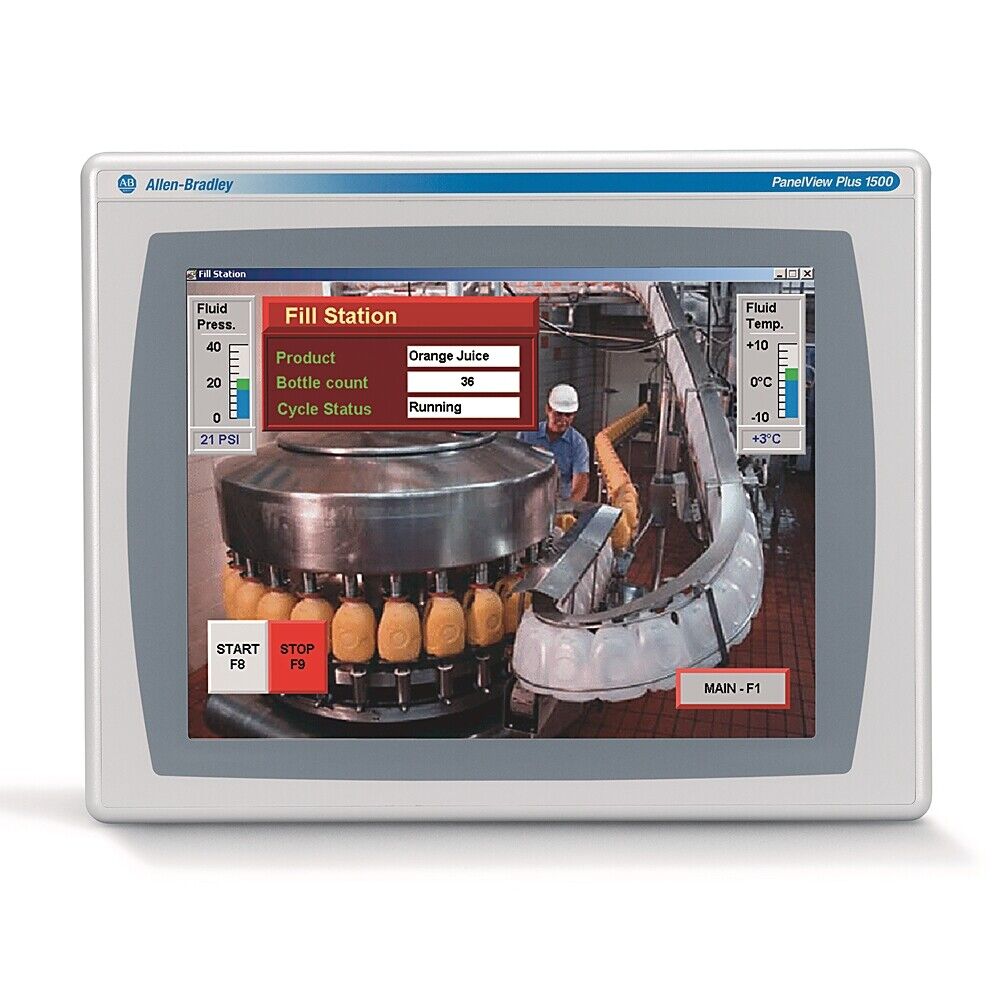 Allen-Bradley PanelView Plus 1500: Fill Station data for Orange Juice production, with running status.