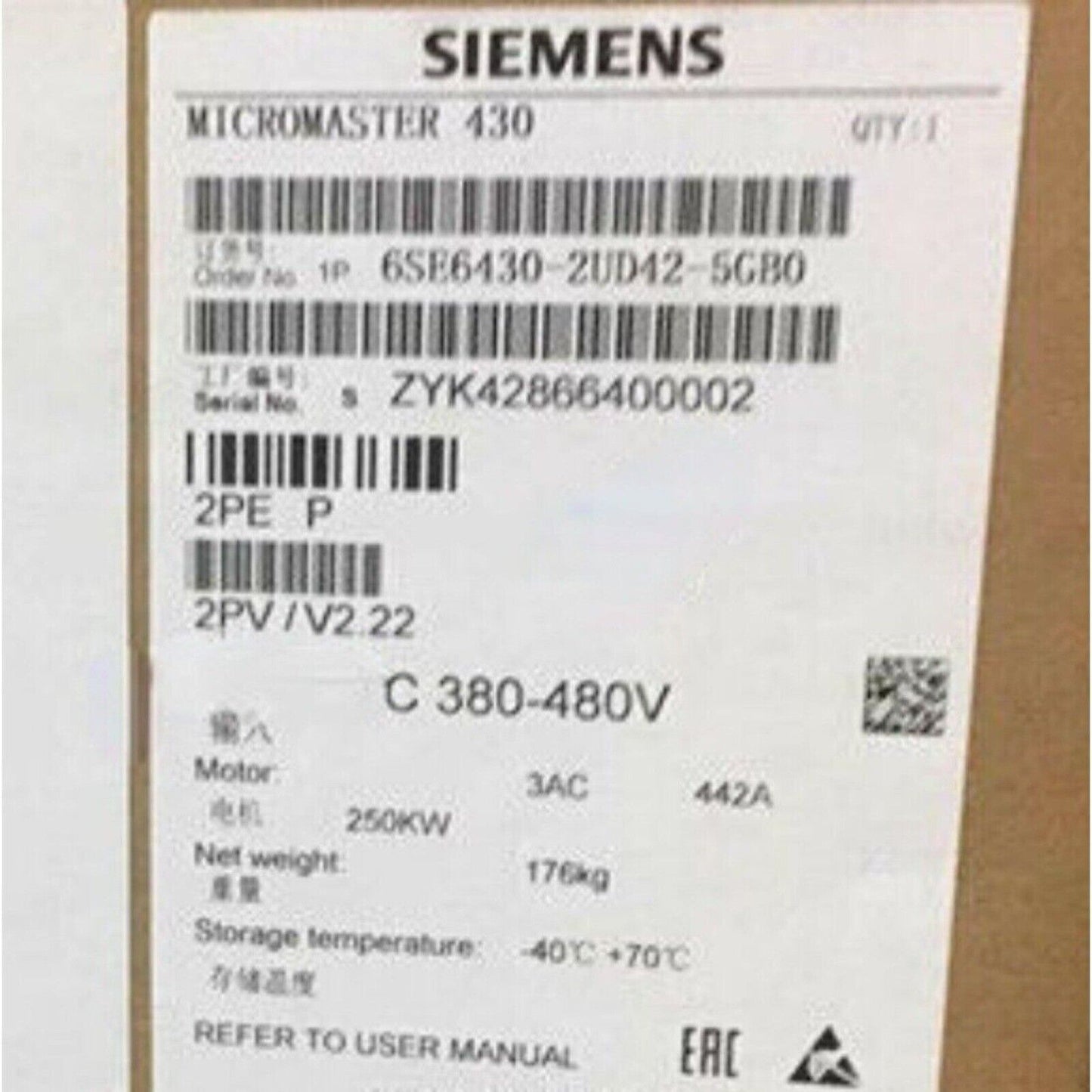 Siemens MICROMASTER 430 frequency inverter label, model 6SE6430-2UD42-5GB0, industrial automation part with specifications.