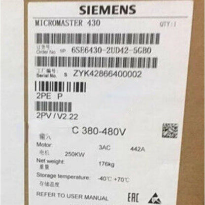 Siemens MICROMASTER 430 frequency inverter label, model 6SE6430-2UD42-5GB0, industrial automation part with specifications.