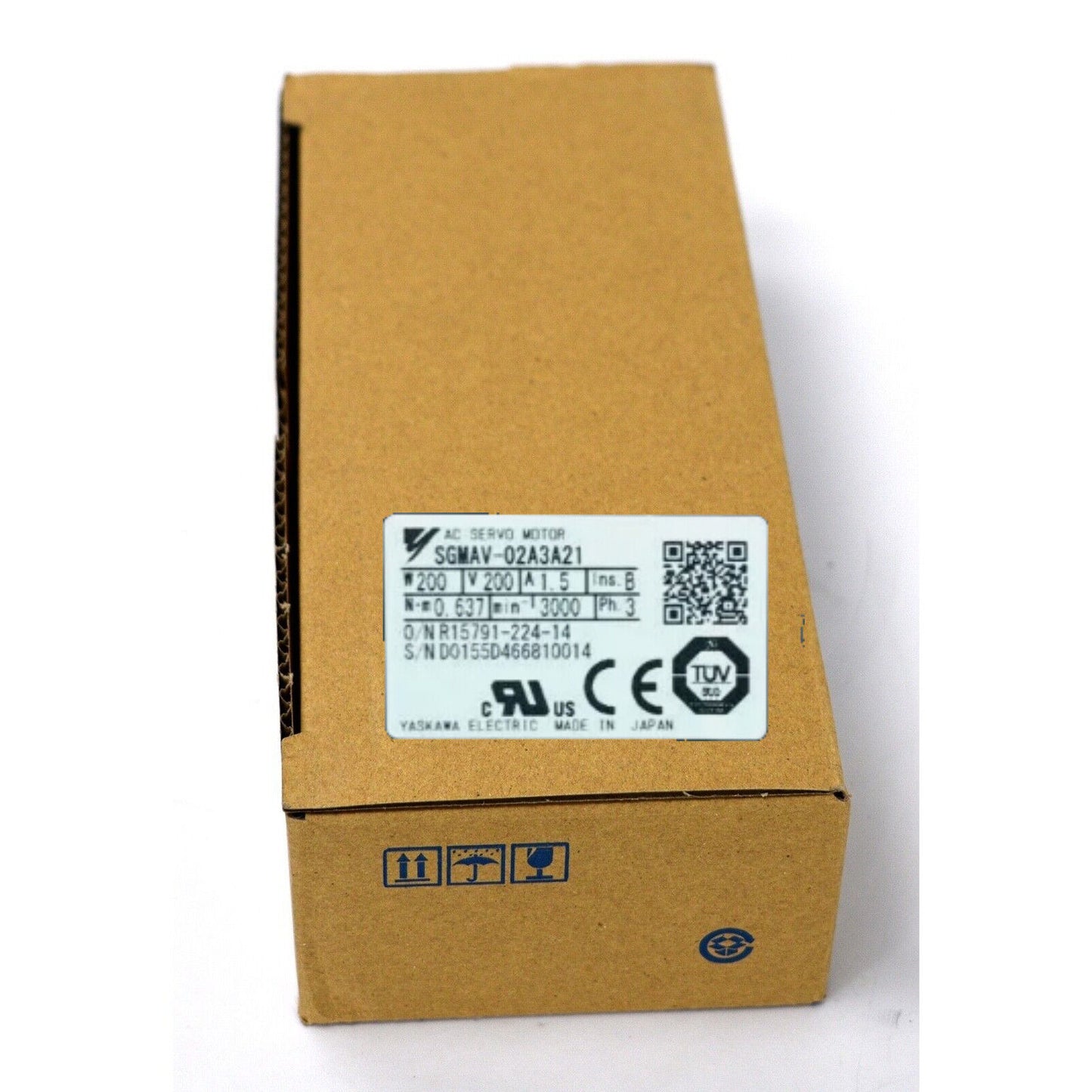YASKAWA SGMAV-02A3A21 AC Servo Motor in original cardboard box with product details.