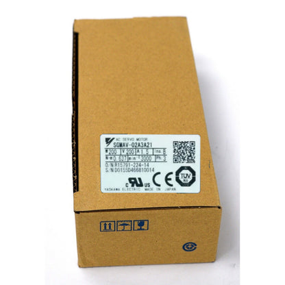 YASKAWA SGMAV-02A3A21 AC Servo Motor in original cardboard box with product details.