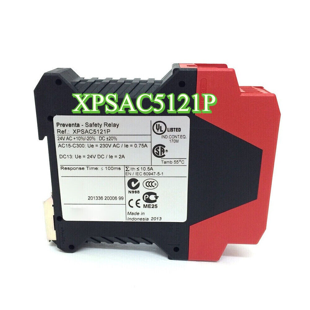 Schneider XPSAC5121P safety relay module, red and black, industrial automation component, electrical safety device.