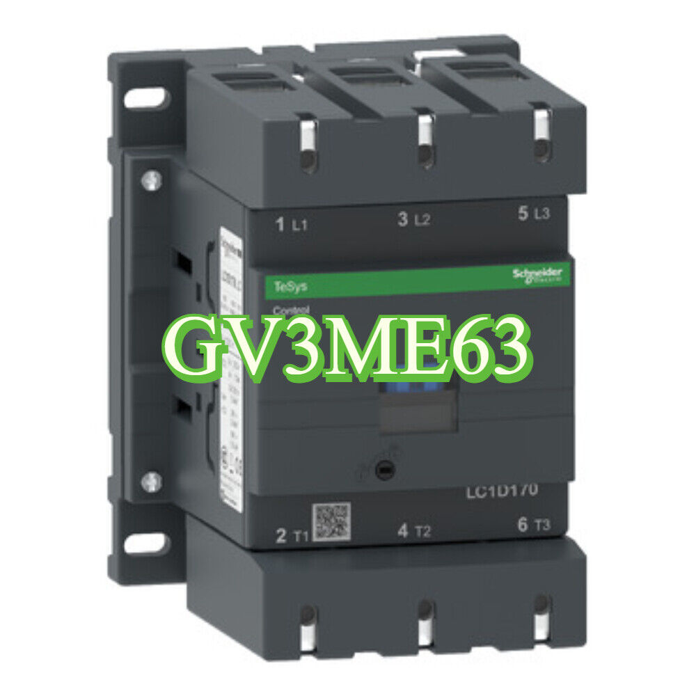 Schneider GV3-ME63 Contactor, a dark gray electrical component with terminals and the text GV3ME63 prominently displayed.