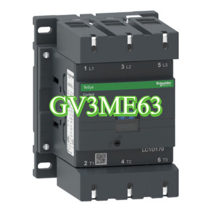 Schneider GV3-ME63 Contactor, a dark gray electrical component with terminals and the text GV3ME63 prominently displayed.