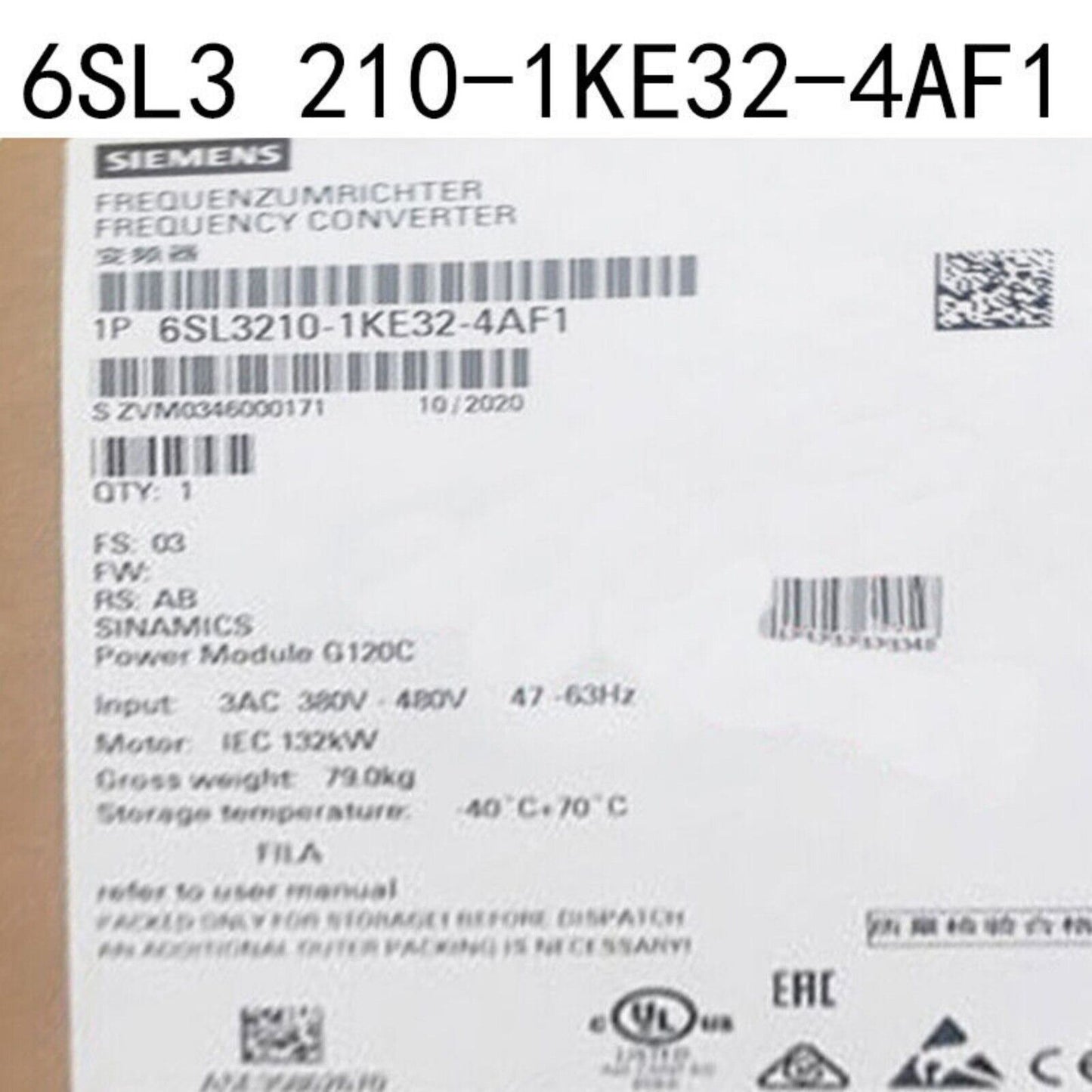 Siemens SINAMICS G120C 132KW frequency converter label with product information.