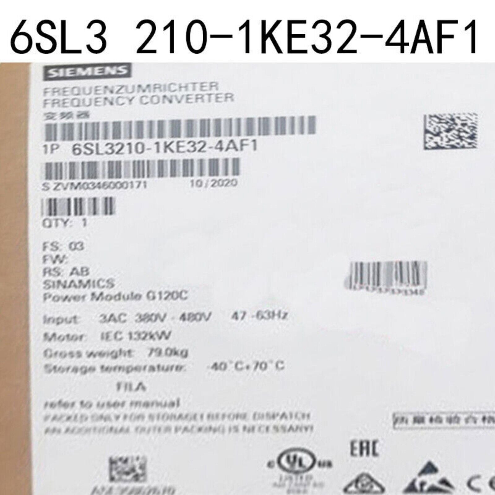 Siemens SINAMICS G120C 132KW frequency converter label with product information.