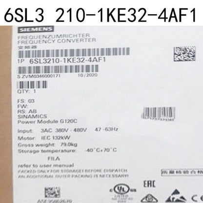 Siemens SINAMICS G120C 132KW frequency converter label with product information.
