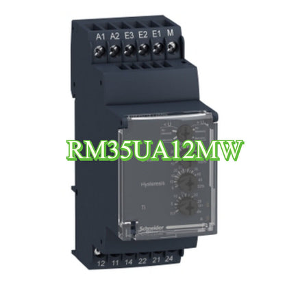 Schneider RM35UA12MW voltage monitoring relay, dark enclosure with control dials and terminal connections, Zelio Control.
