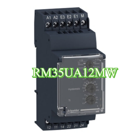 Schneider RM35UA12MW voltage monitoring relay, dark enclosure with control dials and terminal connections, Zelio Control.