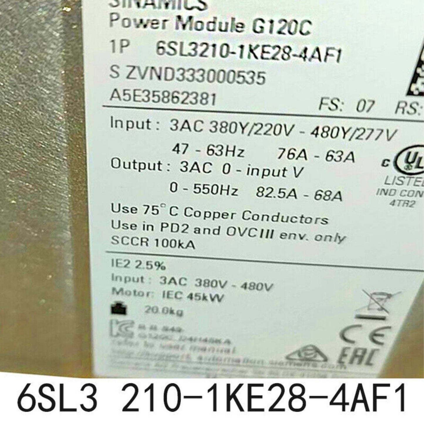 Siemens SINAMICS G120C Power Module 6SL3210-1KE28-4AF1, industrial automation part with specifications visible