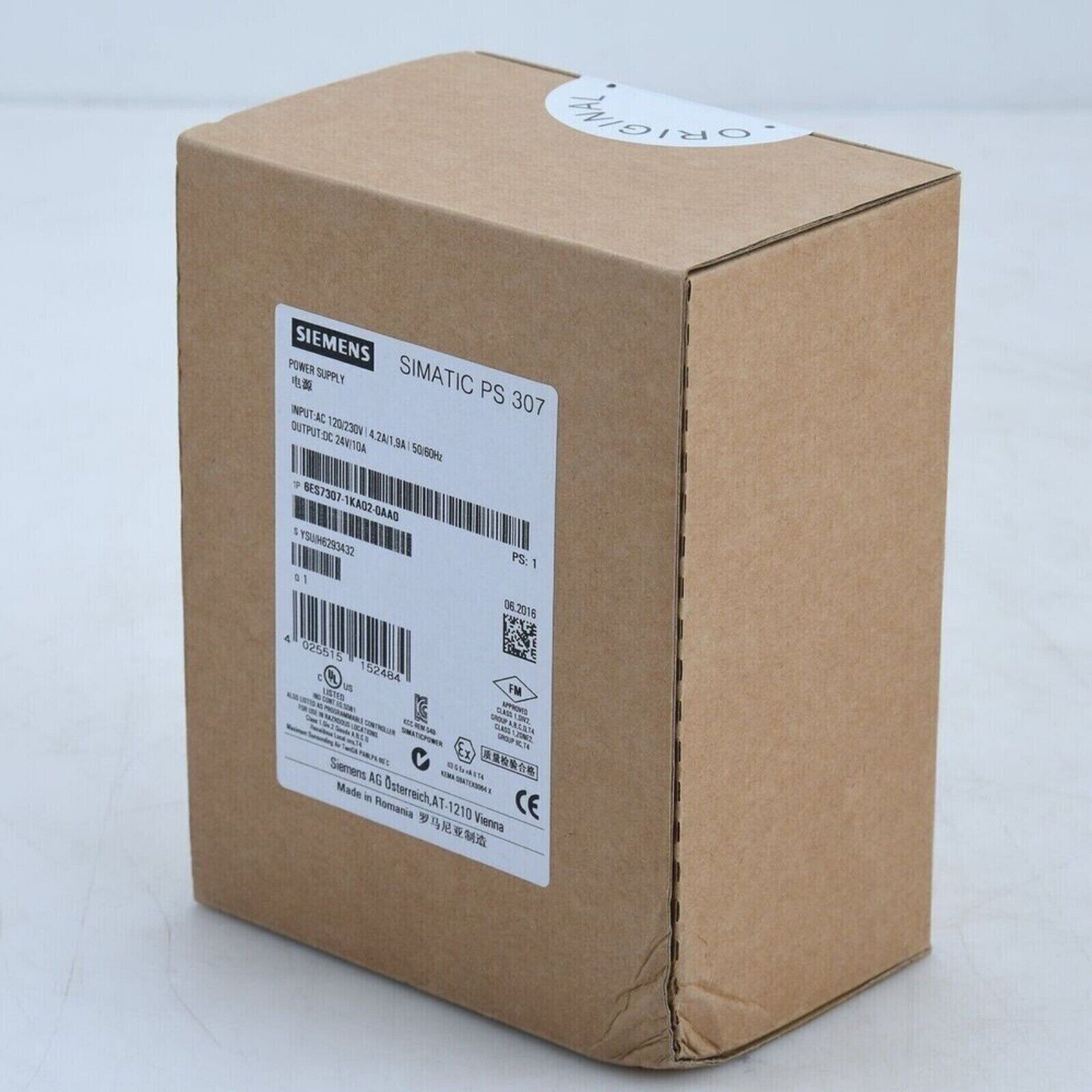 Siemens SIMATIC PS 307 power supply module in cardboard box, 24V DC output, 6ES7307-1KA02-0AA0 for S7-300 automation.