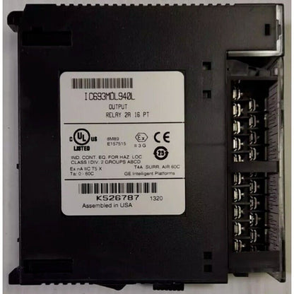 FANUC IC693MDL940L module, 16-point output relay, black industrial automation equipment, assembled in USA.